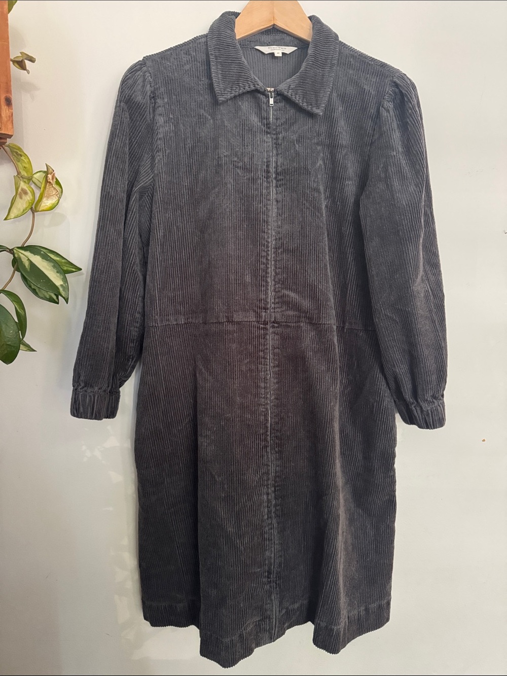 Corduroy Zip-Front Long Sleeve Dress in Charcoal